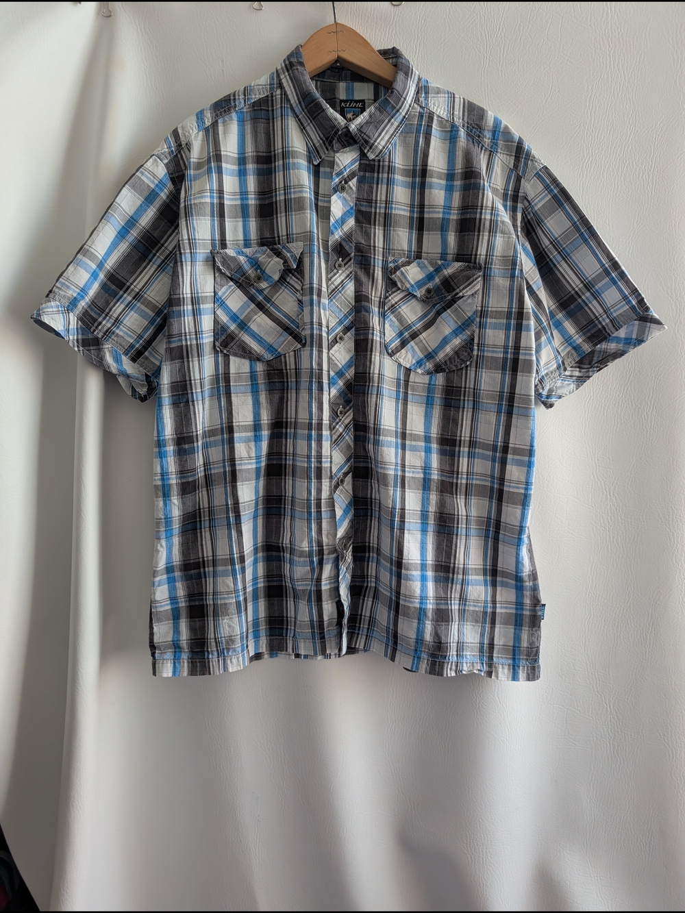 Kuhl Plaid Suncel Blue & Grey Plaid Short-Sleeve Shirt Outdoor Casual XL